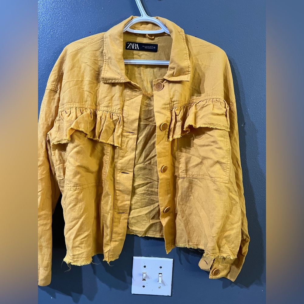 Zara linen blend jacket in a mustard yellow color with ruffle detailing